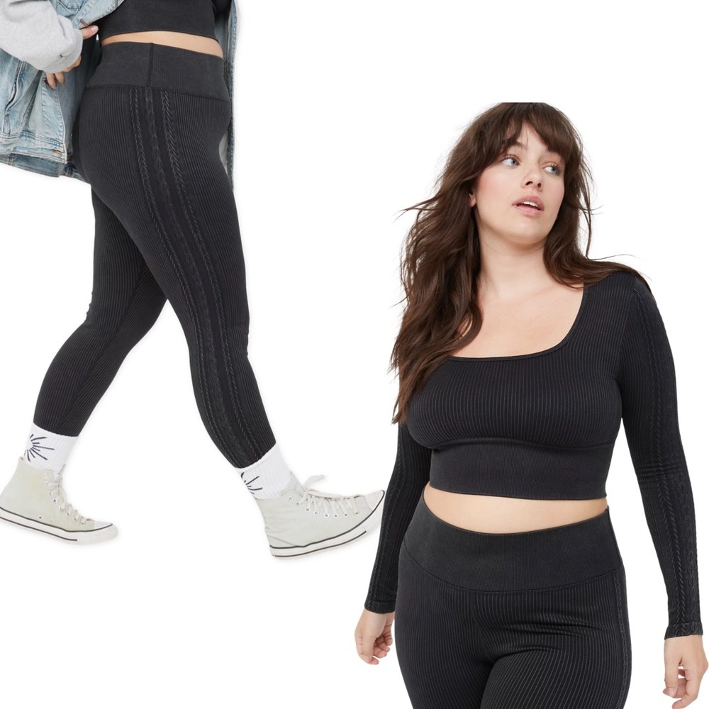 OFFLINE by Aerie Seamless Ribbed Crop Top & Leggings Set Black Athleisure Active - Picture 9 of 9